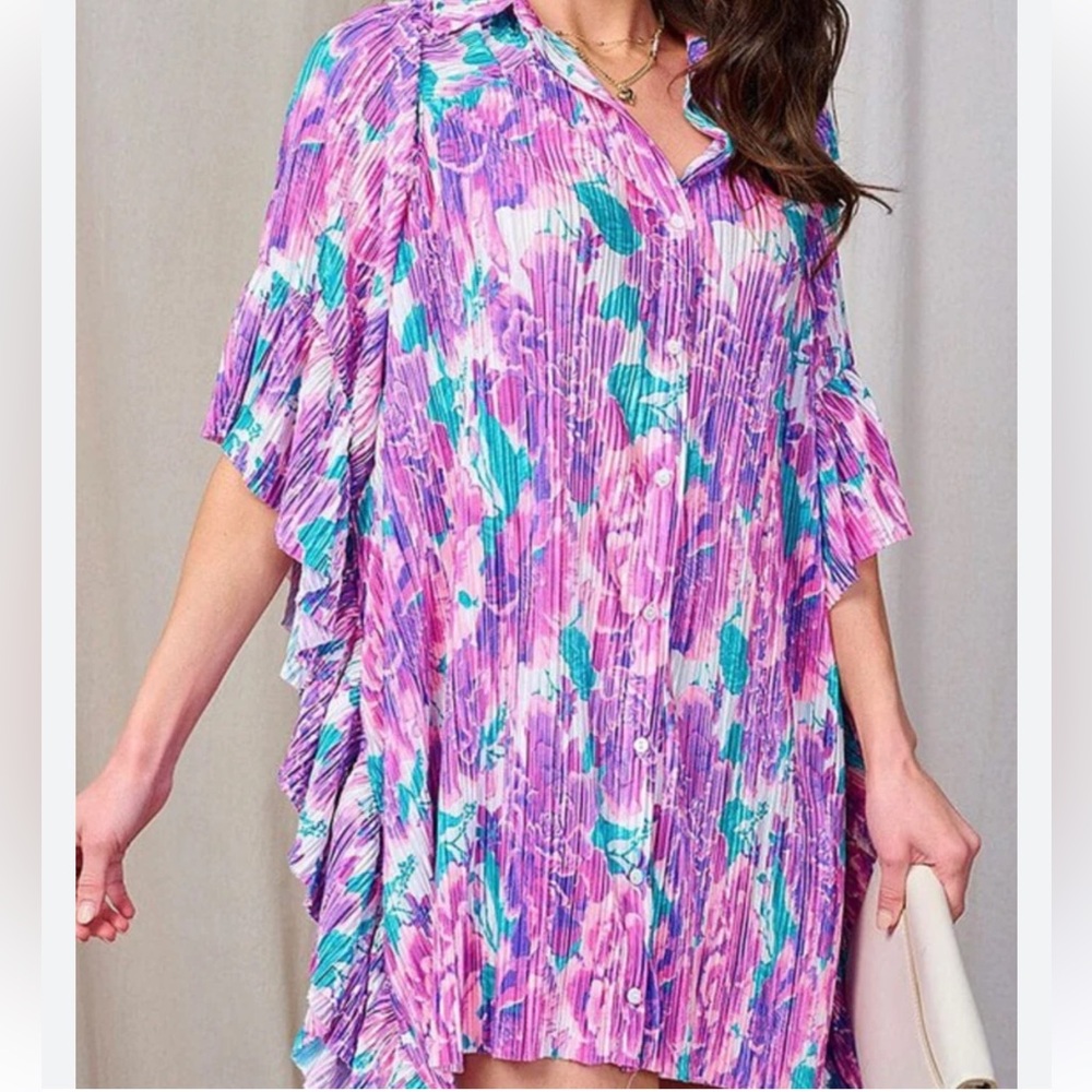Fantastic Fawn Pink, Purple, and Green Floral Pleated Tunic